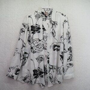 Chicos Shirt Womens Size Large Floral Print White‎ Black Blouse Faux Cardigan